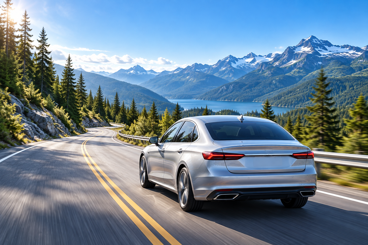 A car driving through the mountains