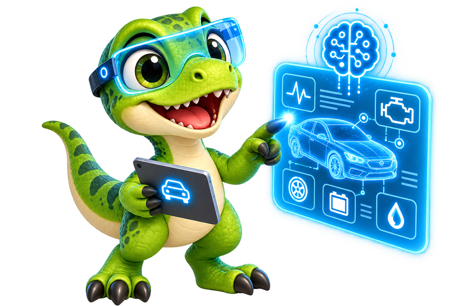 Friendly Caraptor raptor mascot pointing to an automotive health dashboard