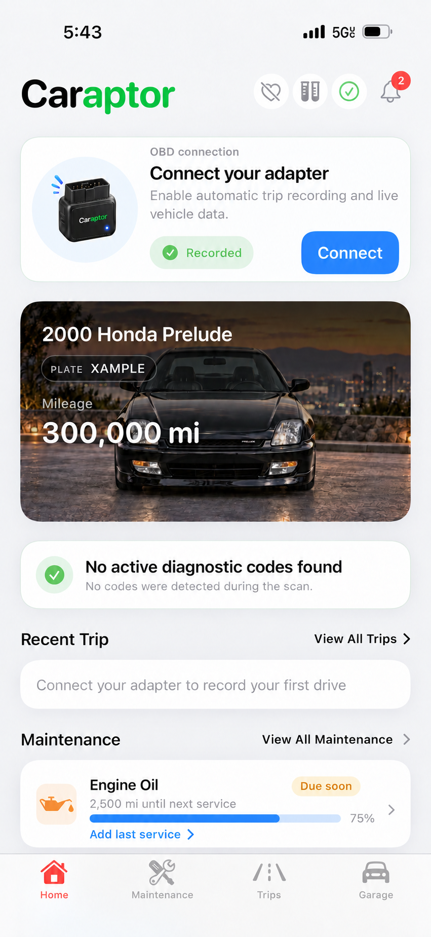 Caraptor mobile app screen with Honda vehicle and engine oil progress status